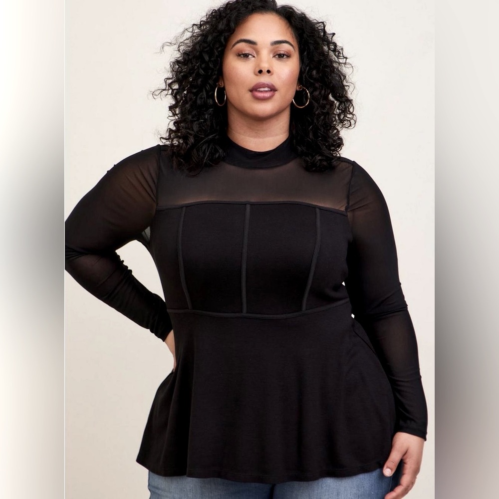 High Neck Mesh Inset Peplum Top